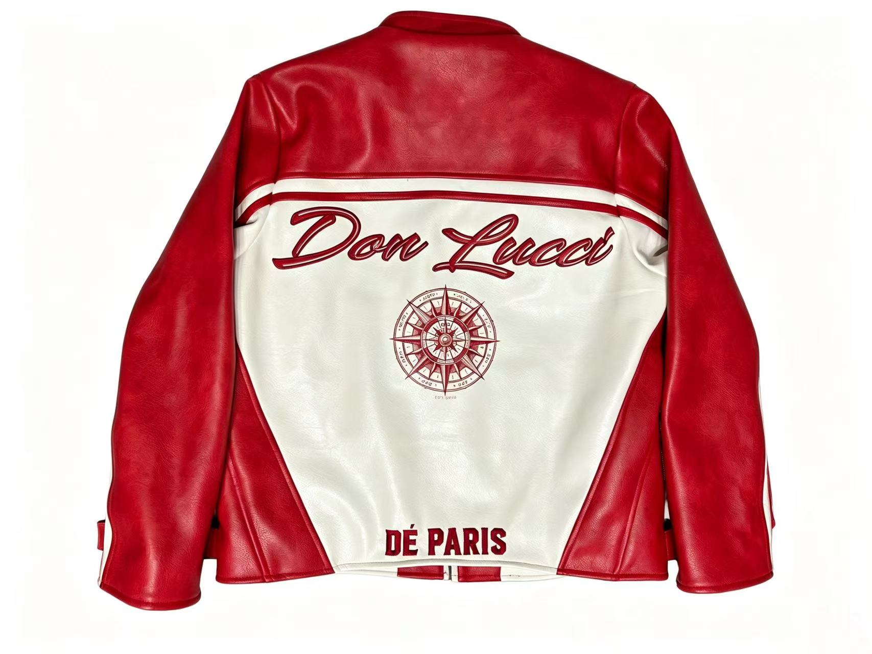 Men’s embroidered color-blocked leather jacket for winter warmth