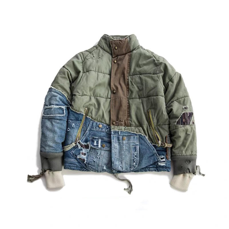 Retro washed men’s winter puffer denim jacket with stand-up collar and zipper closure, custom rabbit fur finished sample service
