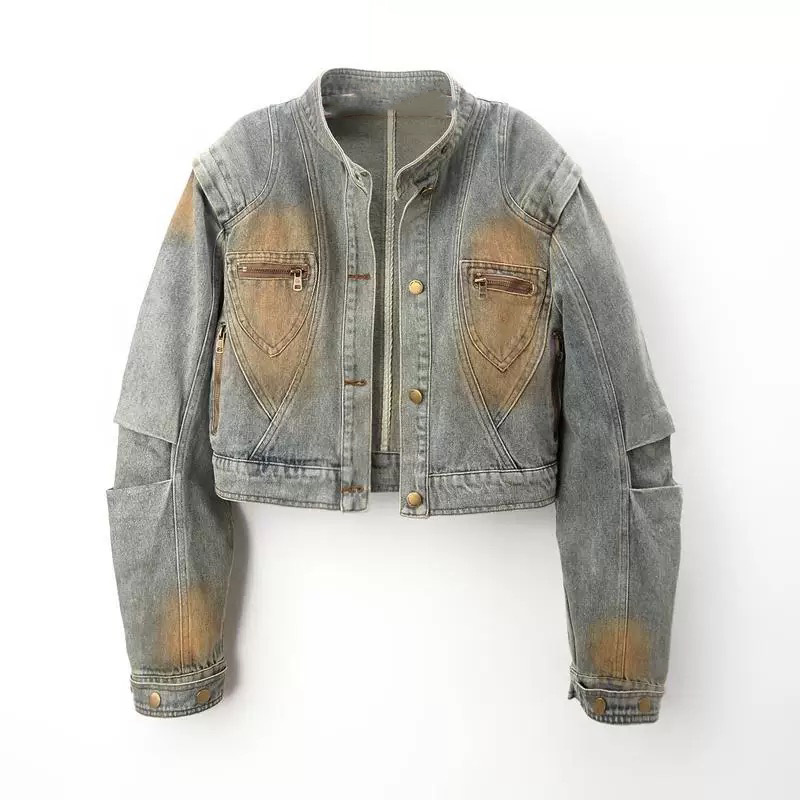 High-quality hand-painted stone wash denim jacket