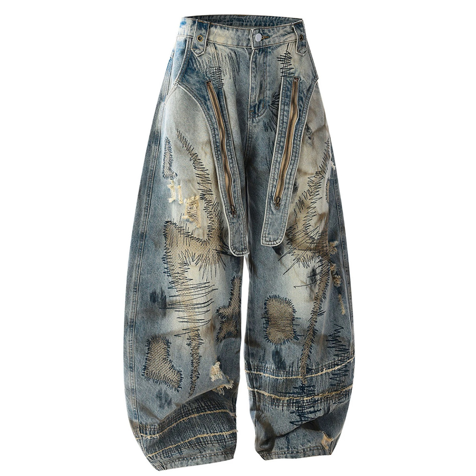 Retro high street men’s wide-leg skateboard jeans, high-quality loose pants, washed denim, dark street style long pants