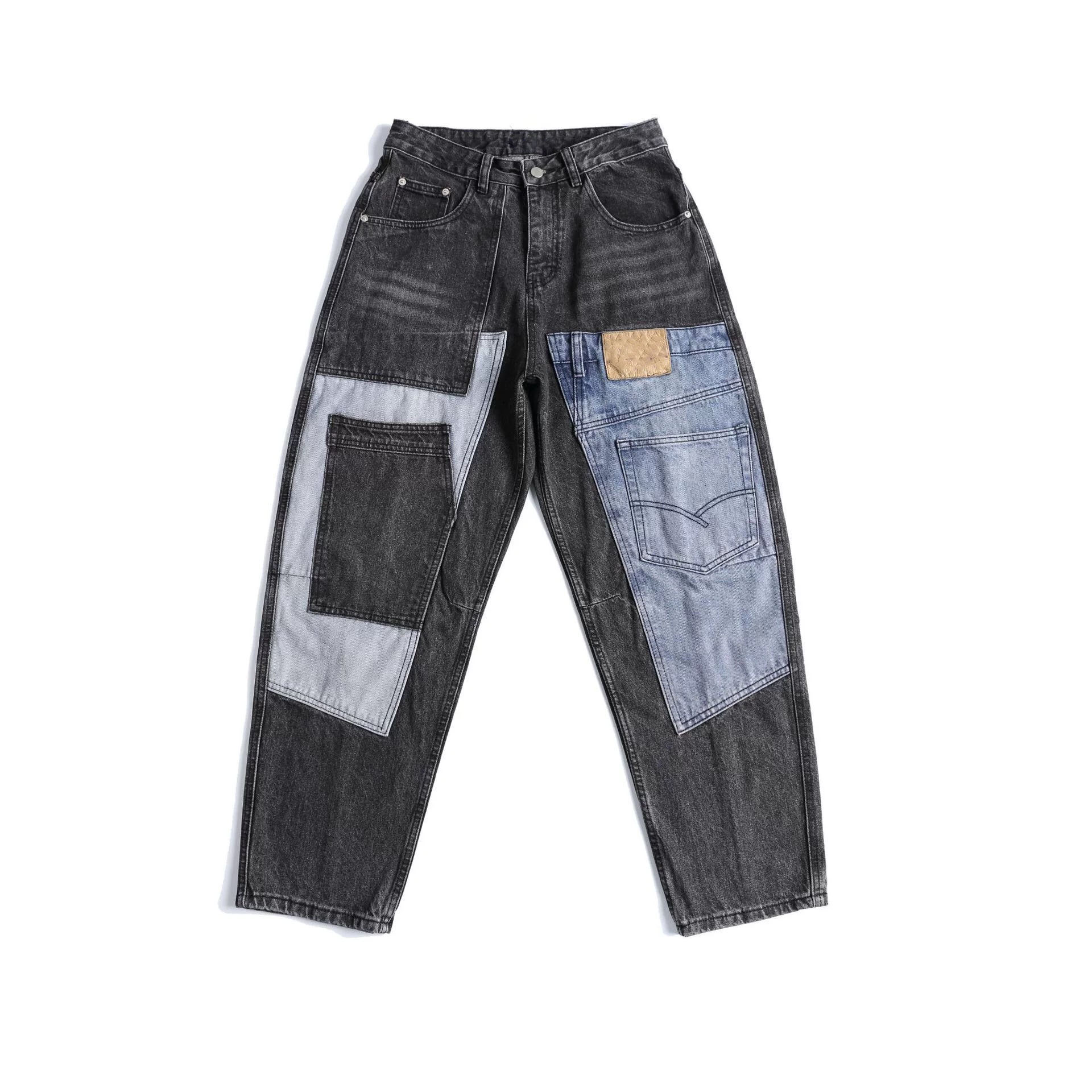 Customized men’s straight-leg blue jeans, retro color-blending design, breathable, pure color denim fabric, washed, winter, autumn, summer